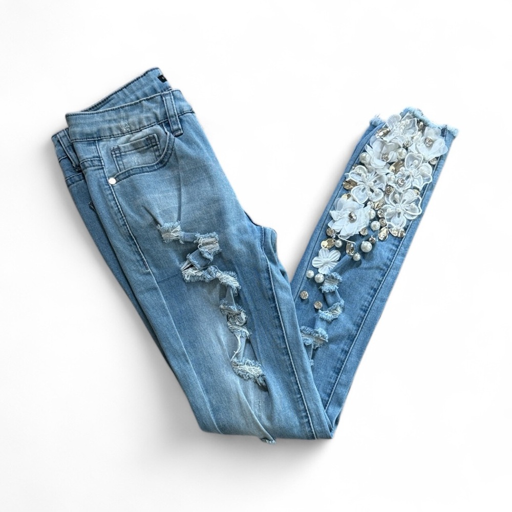 Denim Couture Red Distressed Skinny Jeans w/ 3D Embellishments Size 1